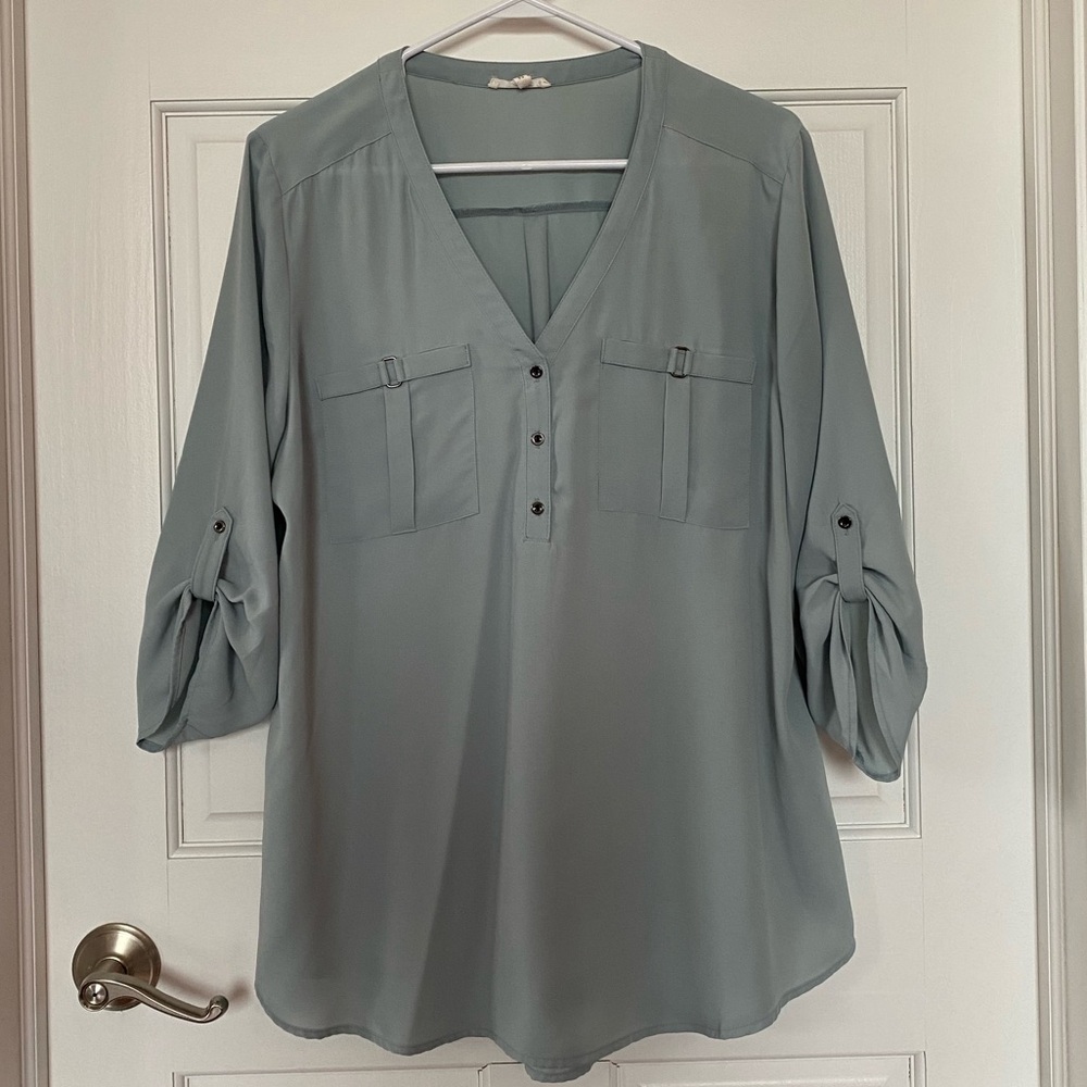 Elegant Women's V-Neck Blouse - Gray/Blue